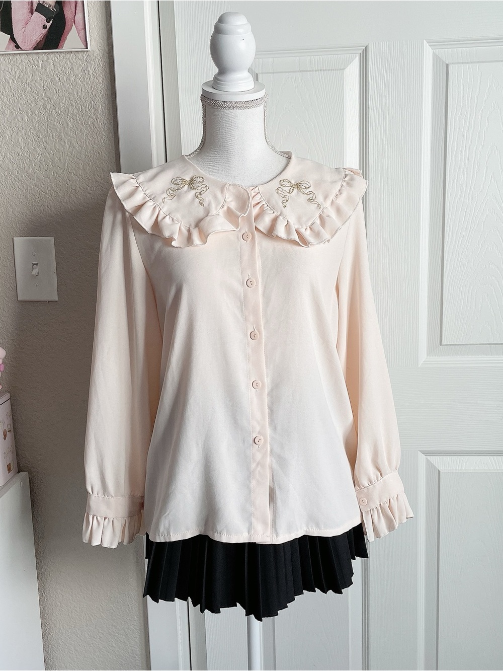 Ruffled Collar Button-Up Blouse in Light Pink